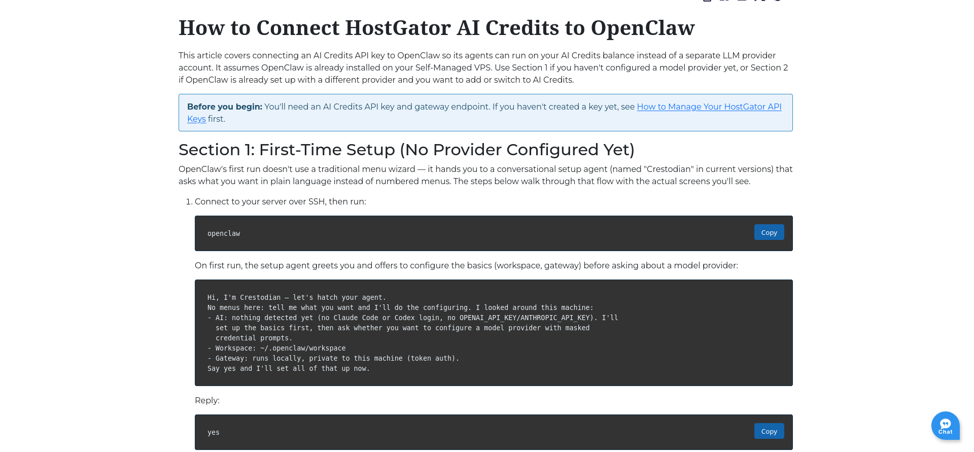 HostGator Knowledge Base tutorial for connecting AI Credits to OpenClaw