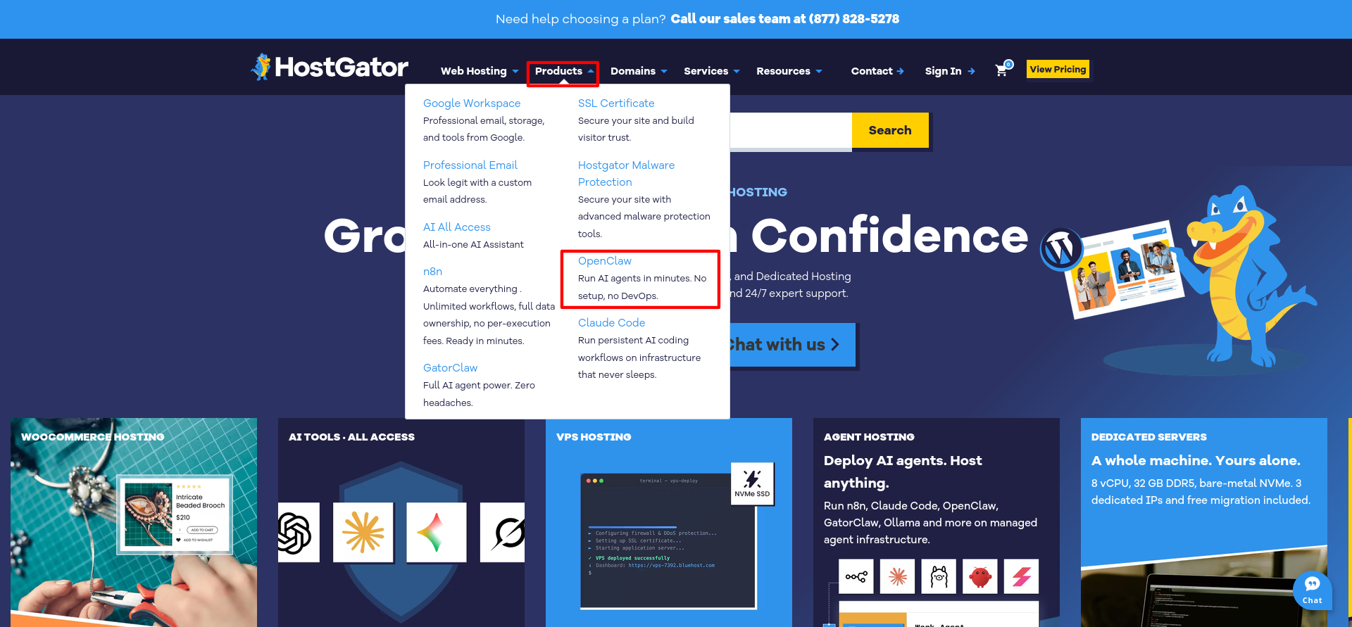 HostGator Products menu showing OpenClaw and other AI tools