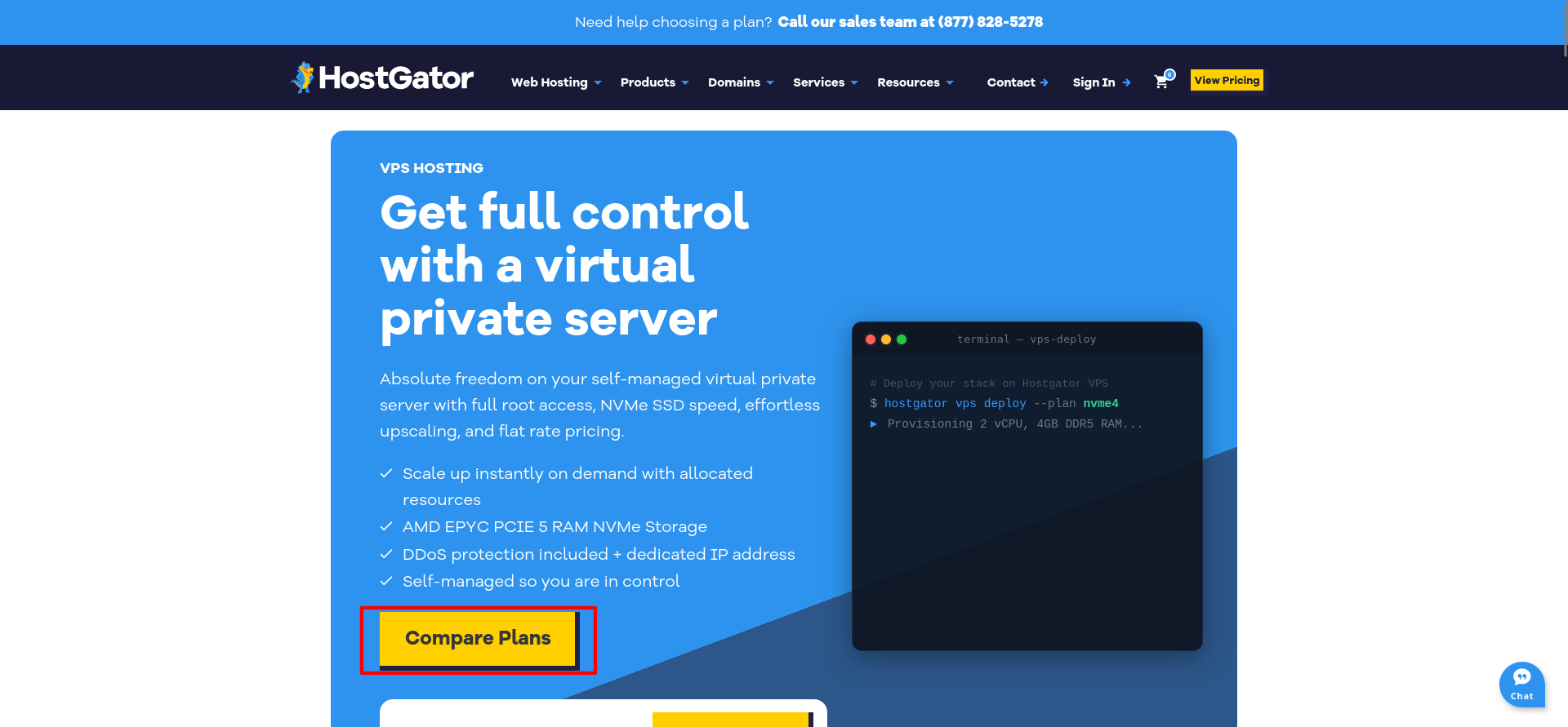 HostGator VPS hosting landing page with Compare Plans option