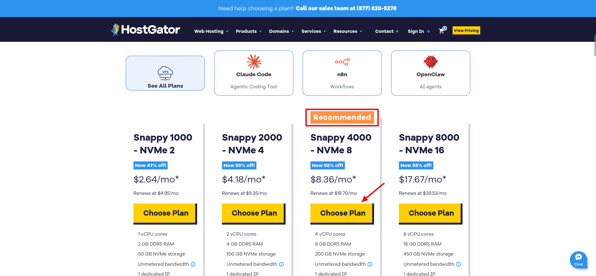 HostGator VPS pricing page showing Snappy VPS plans and specifications