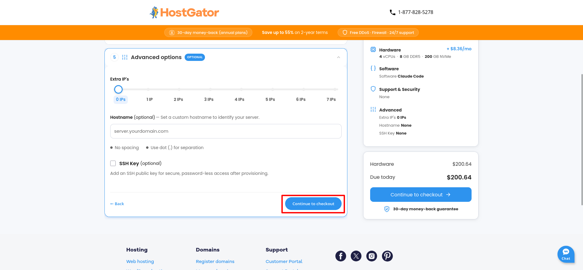 HostGator VPS advanced configuration options for dedicated IPs, hostname, and SSH keys