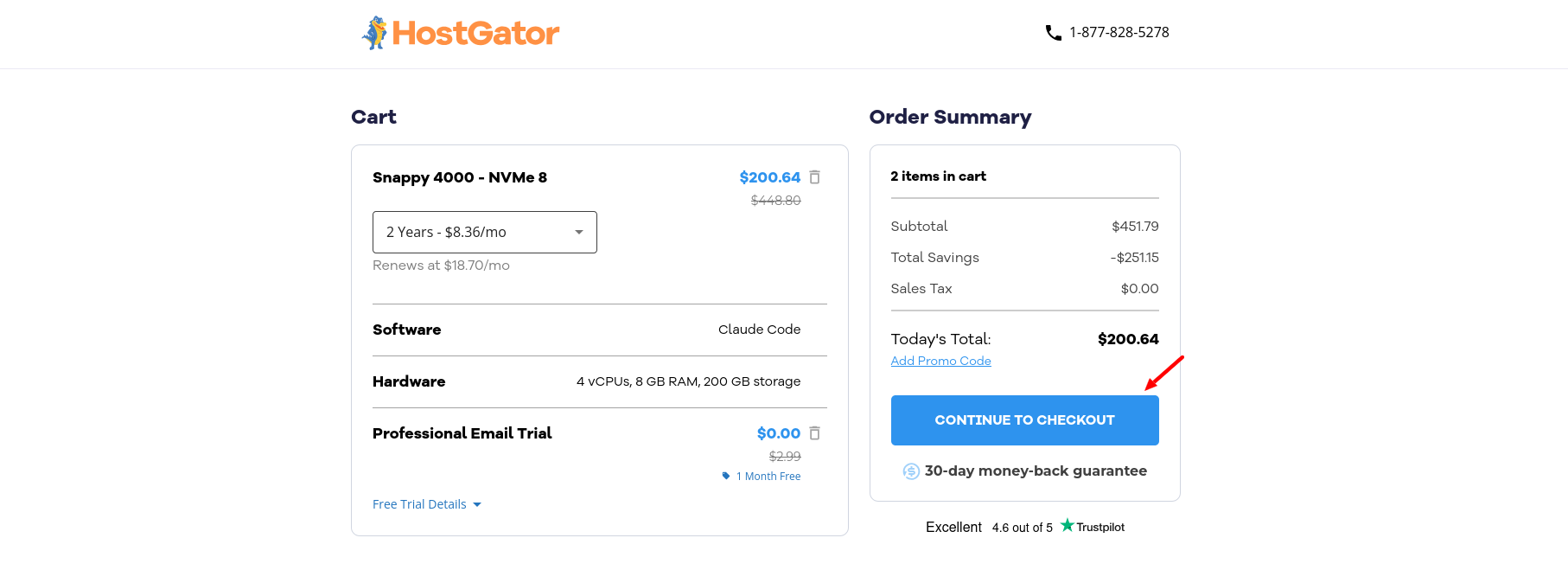 HostGator VPS shopping cart showing Professional Email trial
