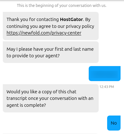 HostGator live chat intake screen