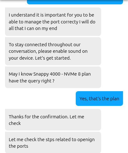 HostGator live chat technical support response about VPS firewall and port configuration