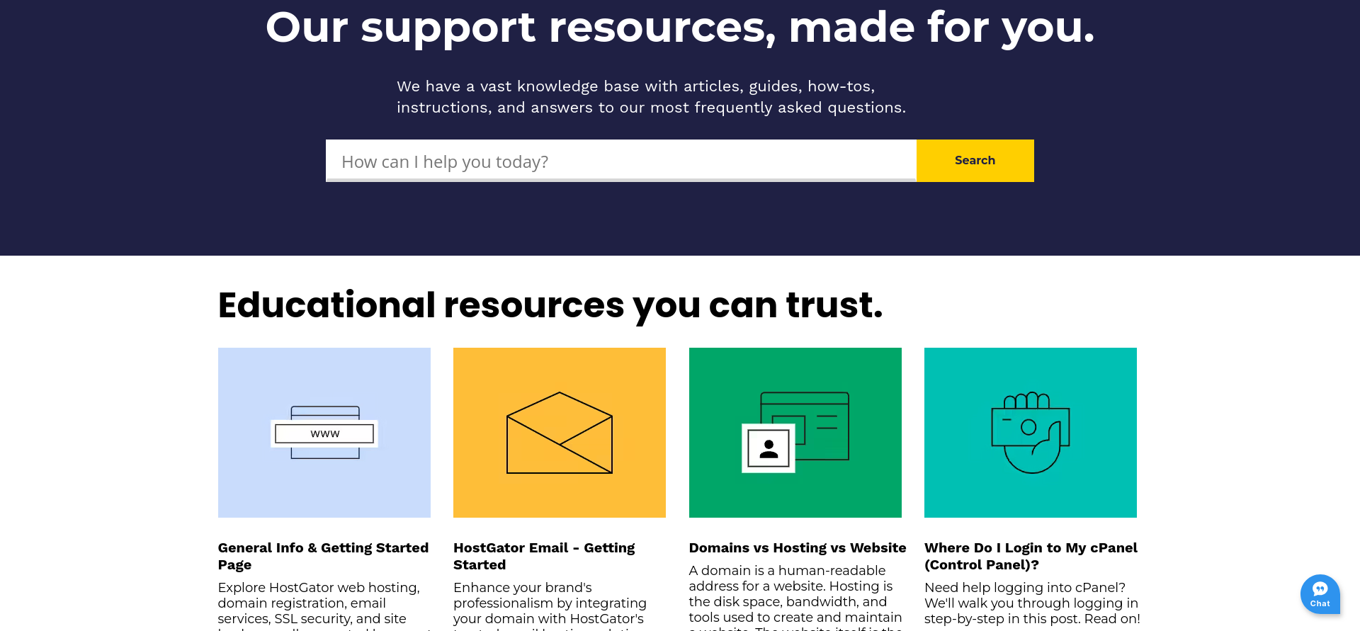 HostGator Knowledge Base homepage showing featured articles and support categories