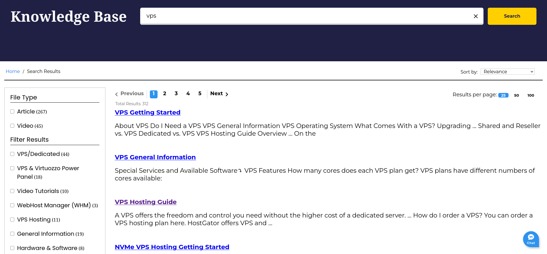 HostGator Knowledge Base VPS search results and category filters