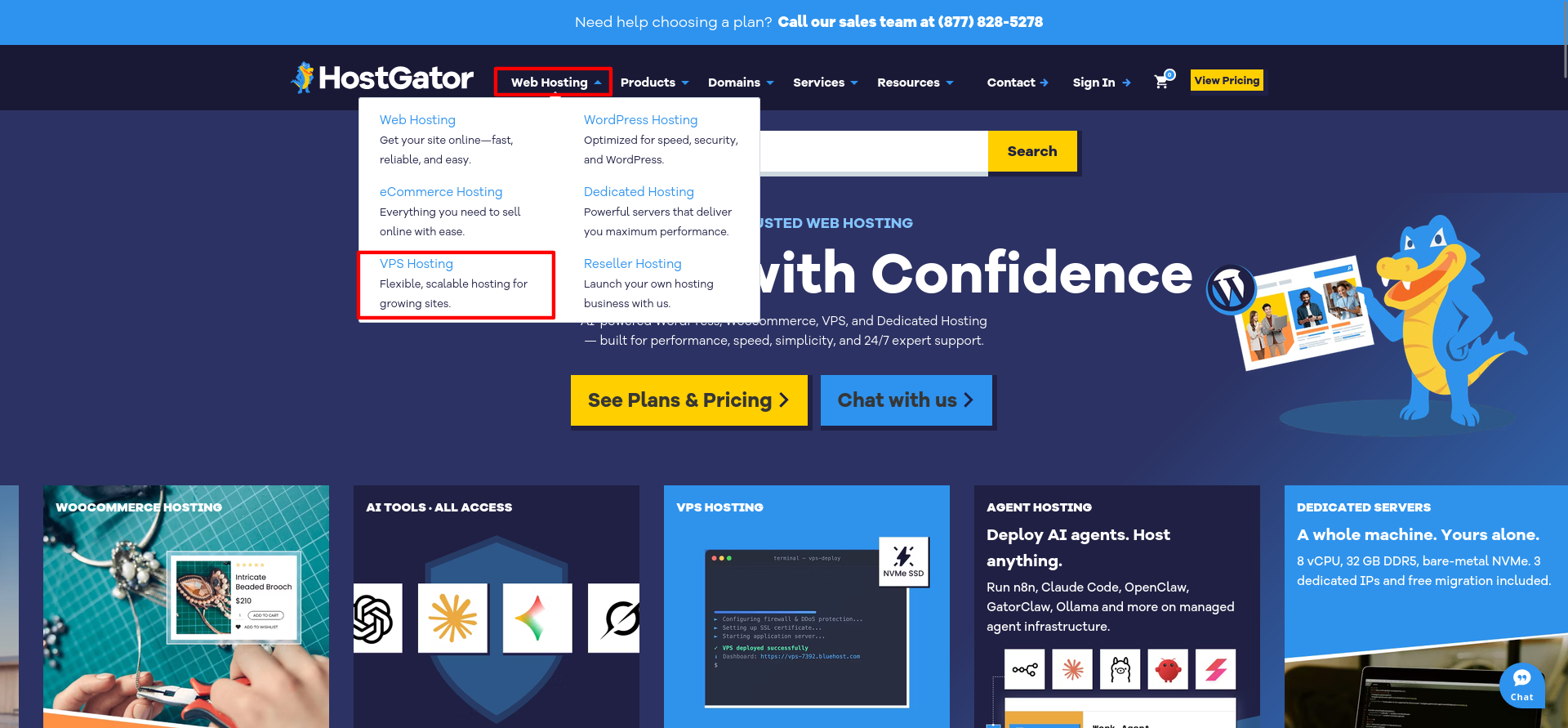 HostGator website Web Hosting menu showing the VPS Hosting option
