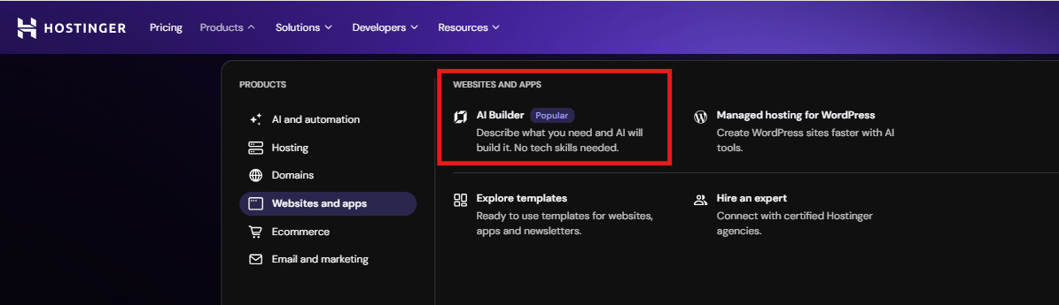 Hostinger AI Builder option under Products Websites and apps menu