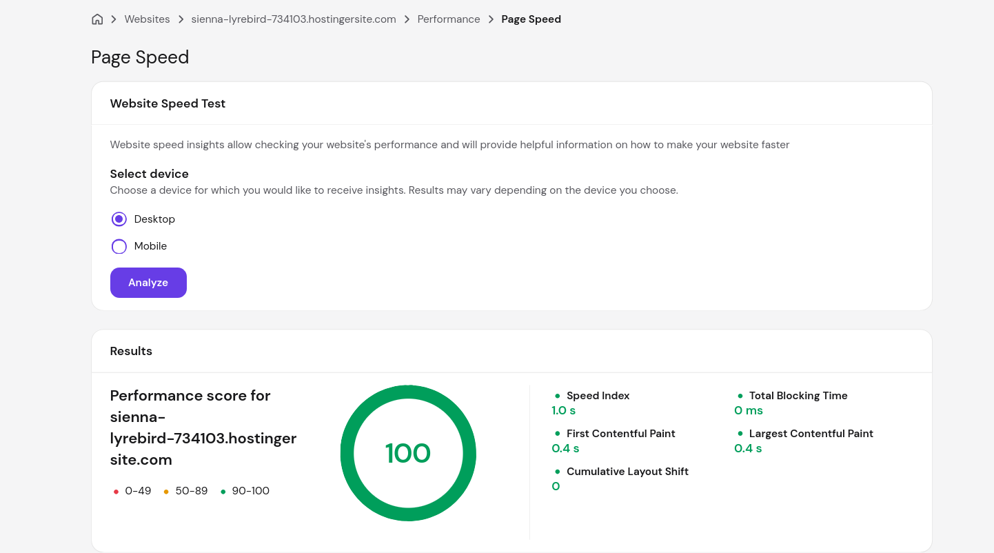 Hostinger Express.js desktop website speed test showing a 100 performance score
