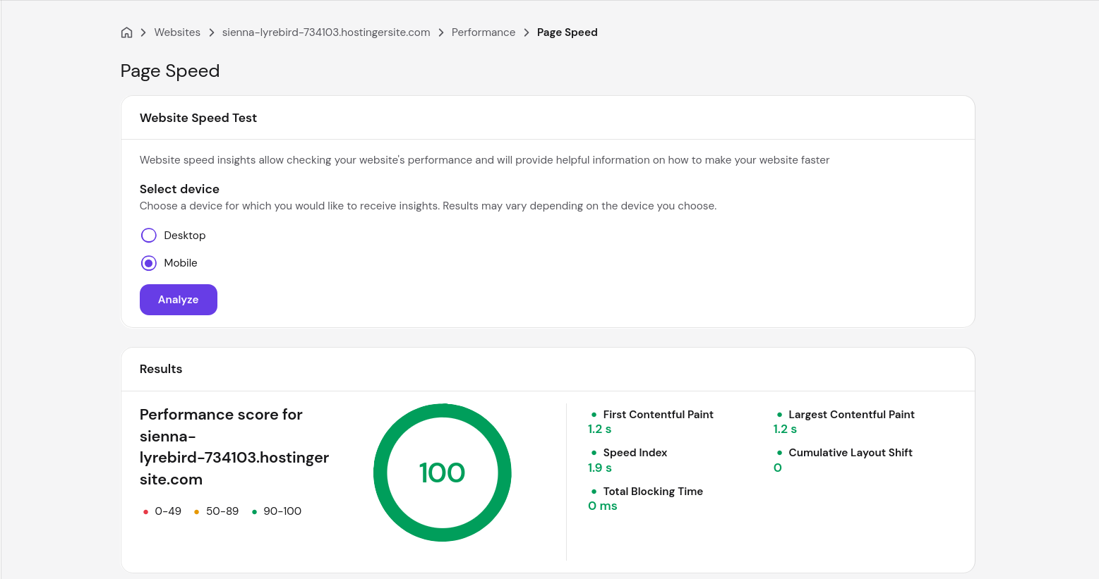 Hostinger Express.js mobile website speed test showing a 100 performance score