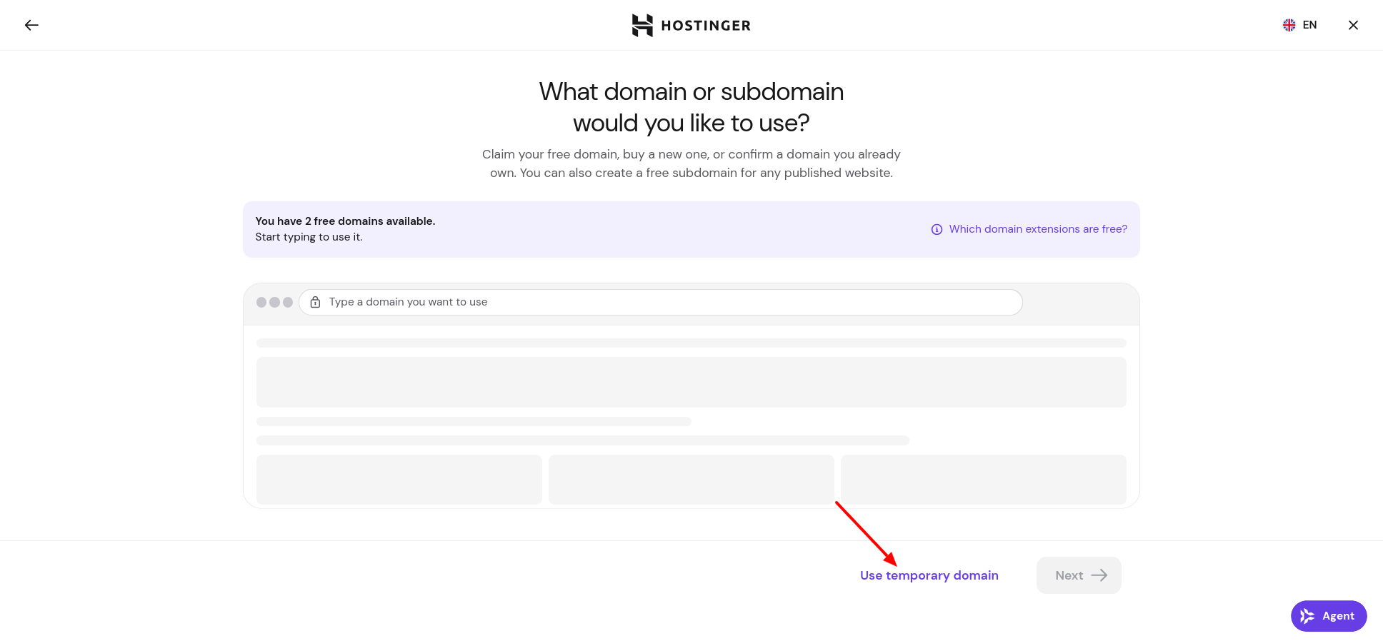Hostinger Web App setup screen for choosing a temporary domain