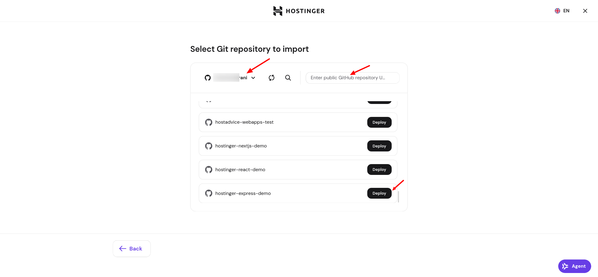 Hostinger GitHub repository selection for Express.js deployment