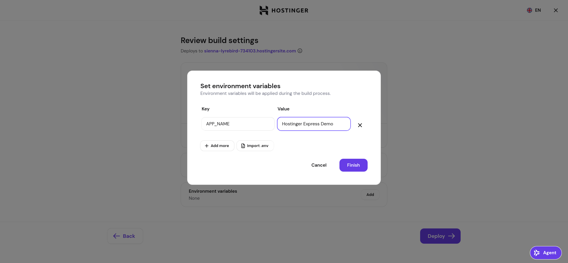 Hostinger environment variable configuration for Express.js deployment