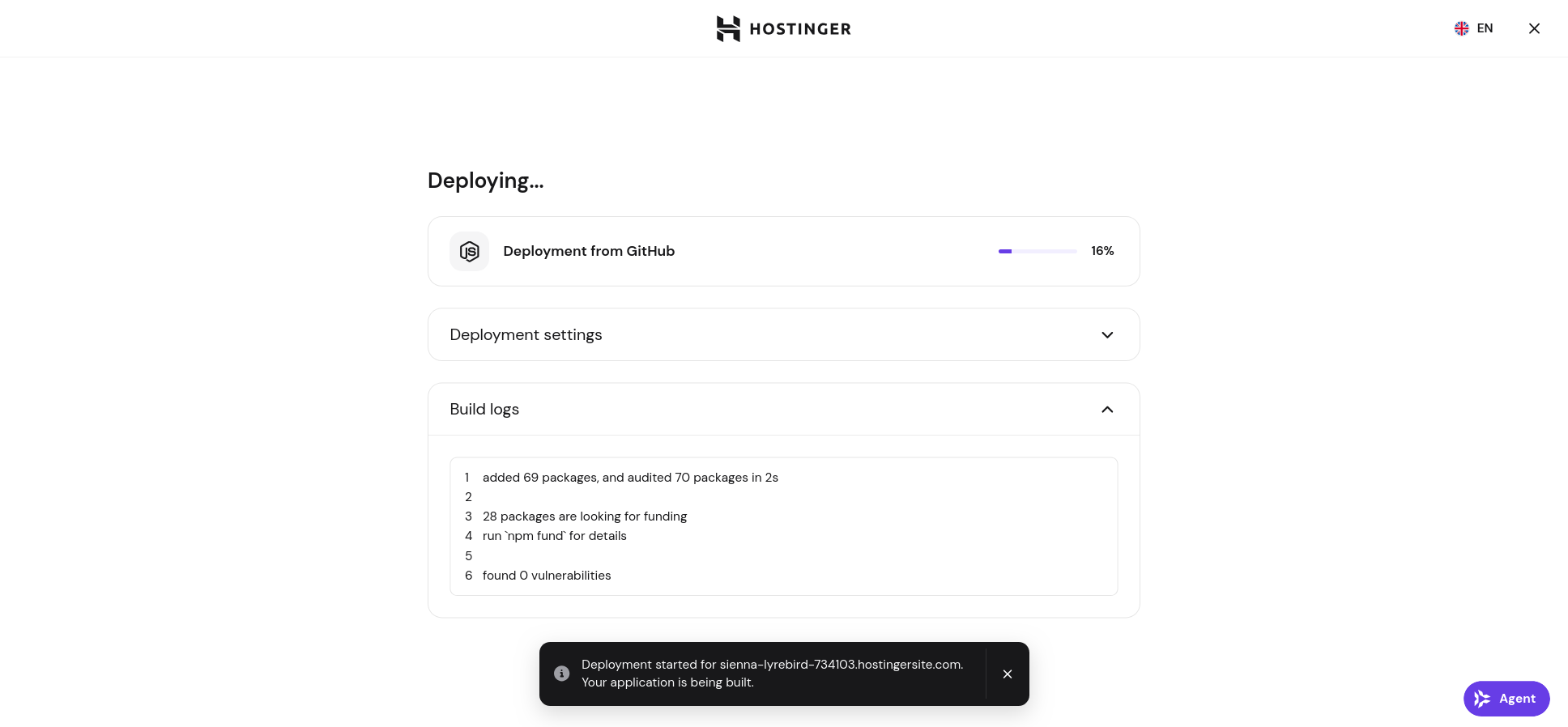 Hostinger Express.js deployment progress with live npm build logs