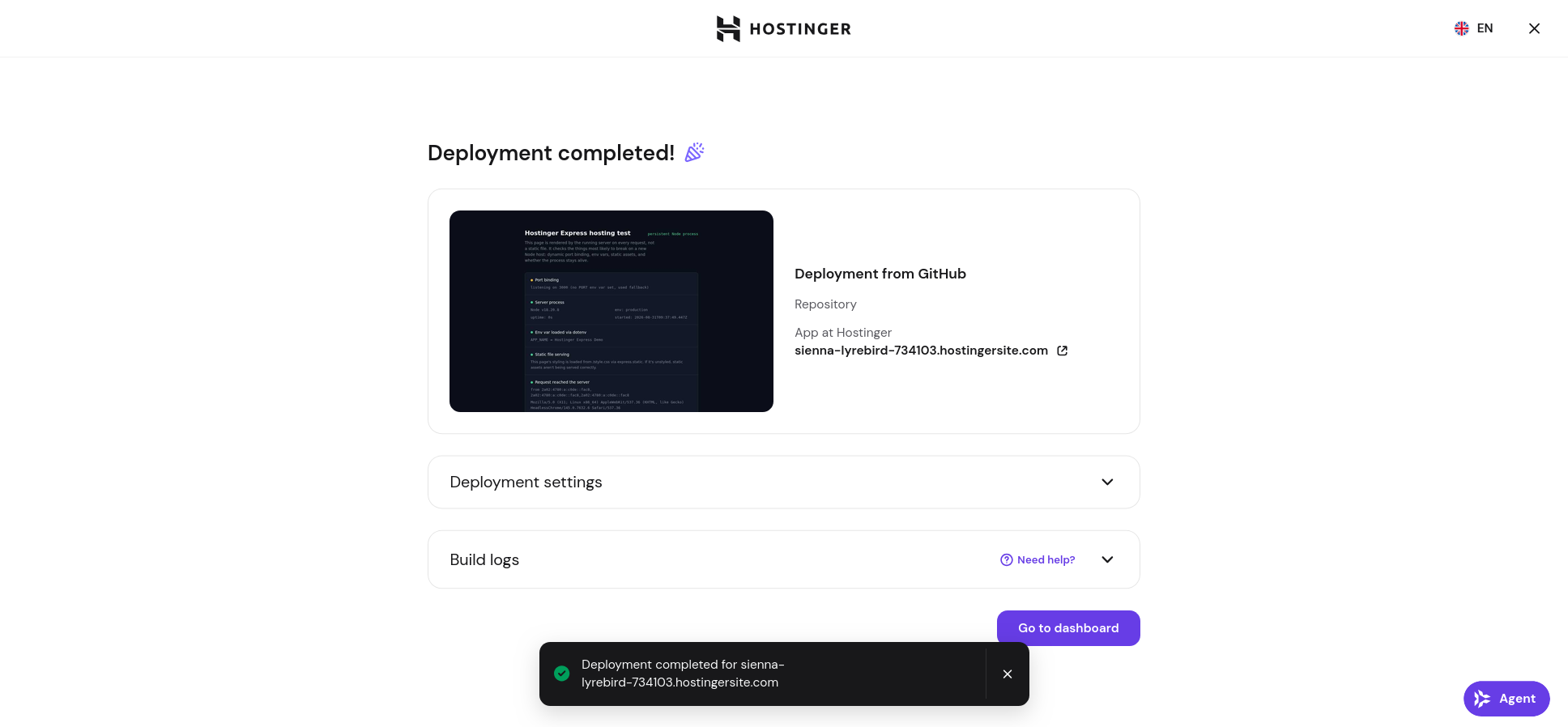 Hostinger completed Express.js deployment labeled as a persistent Node process