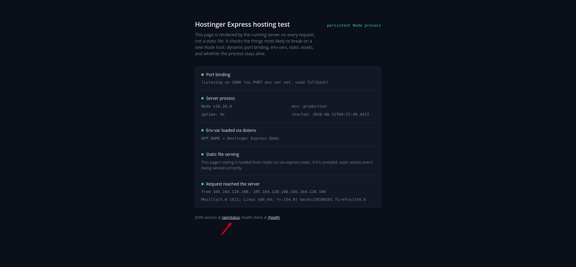 Live Hostinger Express.js app showing five deployment self-check results