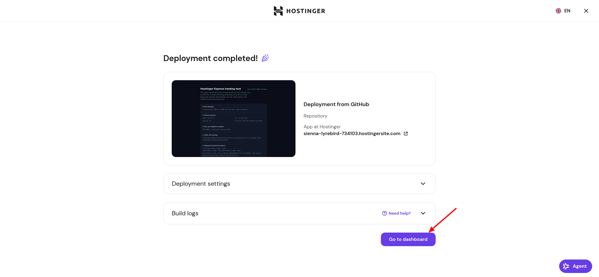 Hostinger Express.js deployed site management entry screen