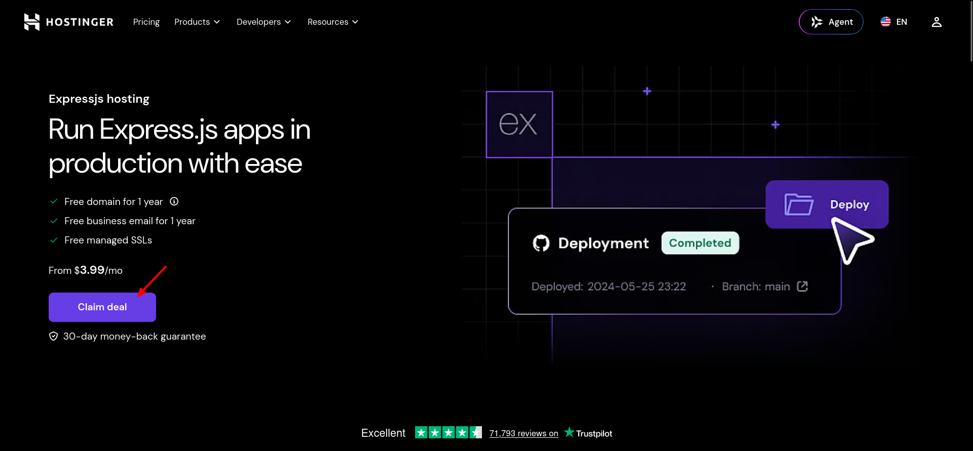 Hostinger Express.js hosting pricing section with Business and Cloud Startup plans