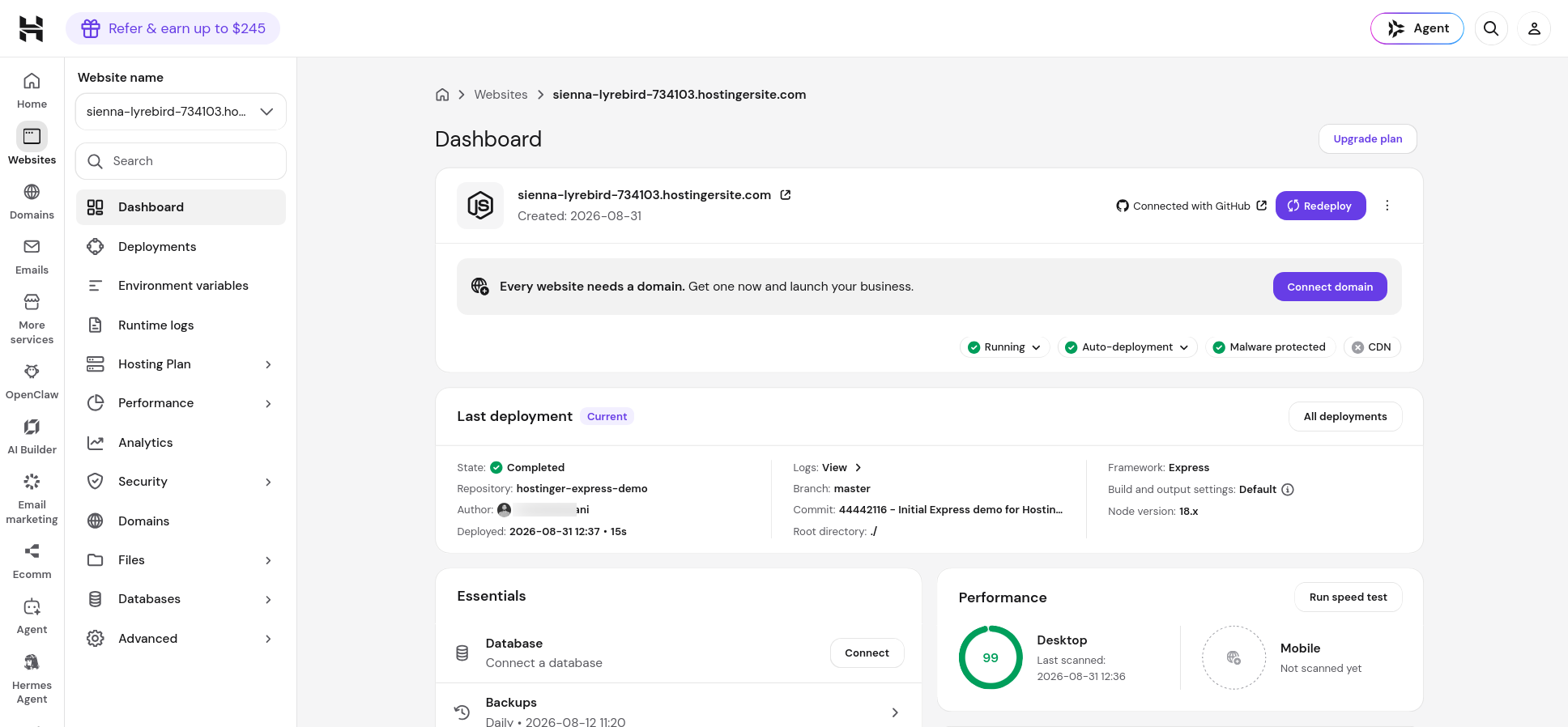 Hostinger Express.js hosting management dashboard with deployment and security controls