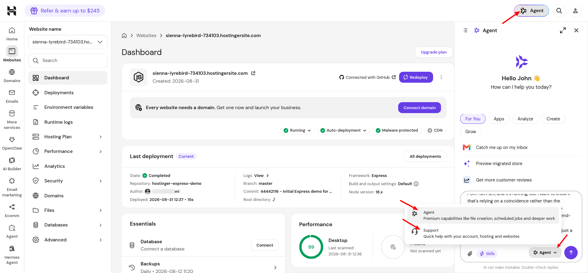Hostinger Kodee AI Agent interface in hPanel