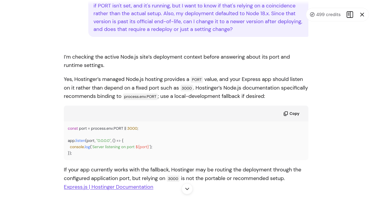 Kodee response about PORT environment variables and Node version on Hostinger Express.js hosting
