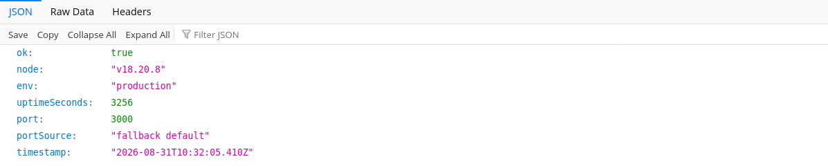 Hostinger Express.js API status evidence showing no injected PORT environment variable