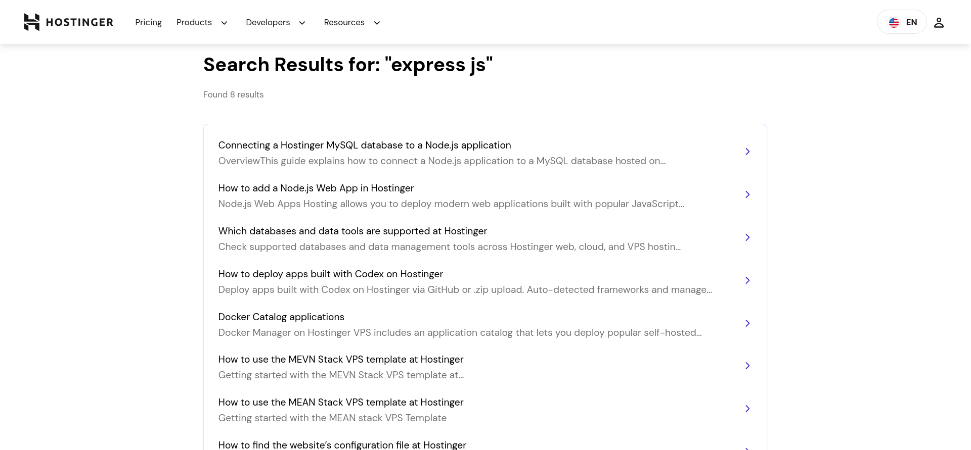 Hostinger knowledge base search results for express js