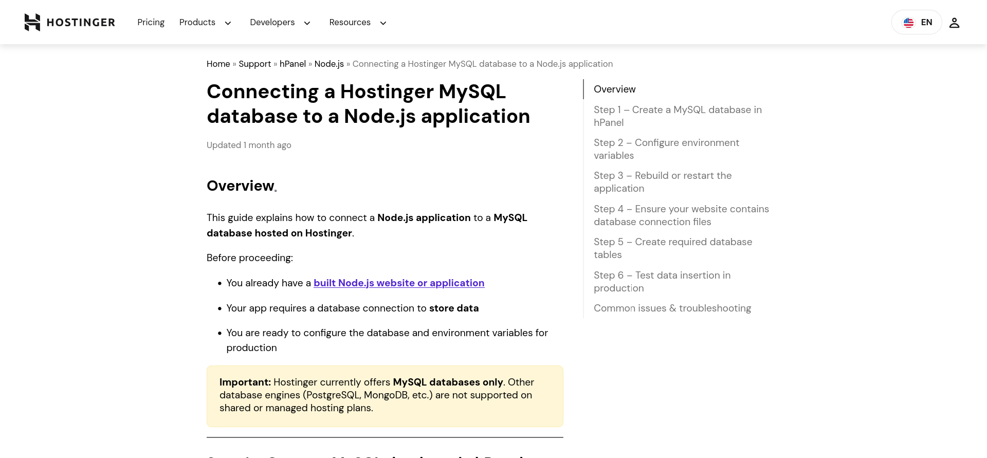 Hostinger knowledge base article about connecting MySQL to a Node.js application