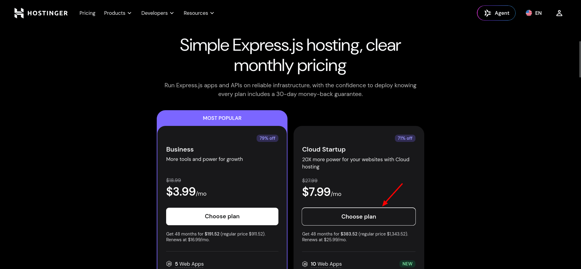 Hostinger Cloud Startup Express.js hosting plan selection