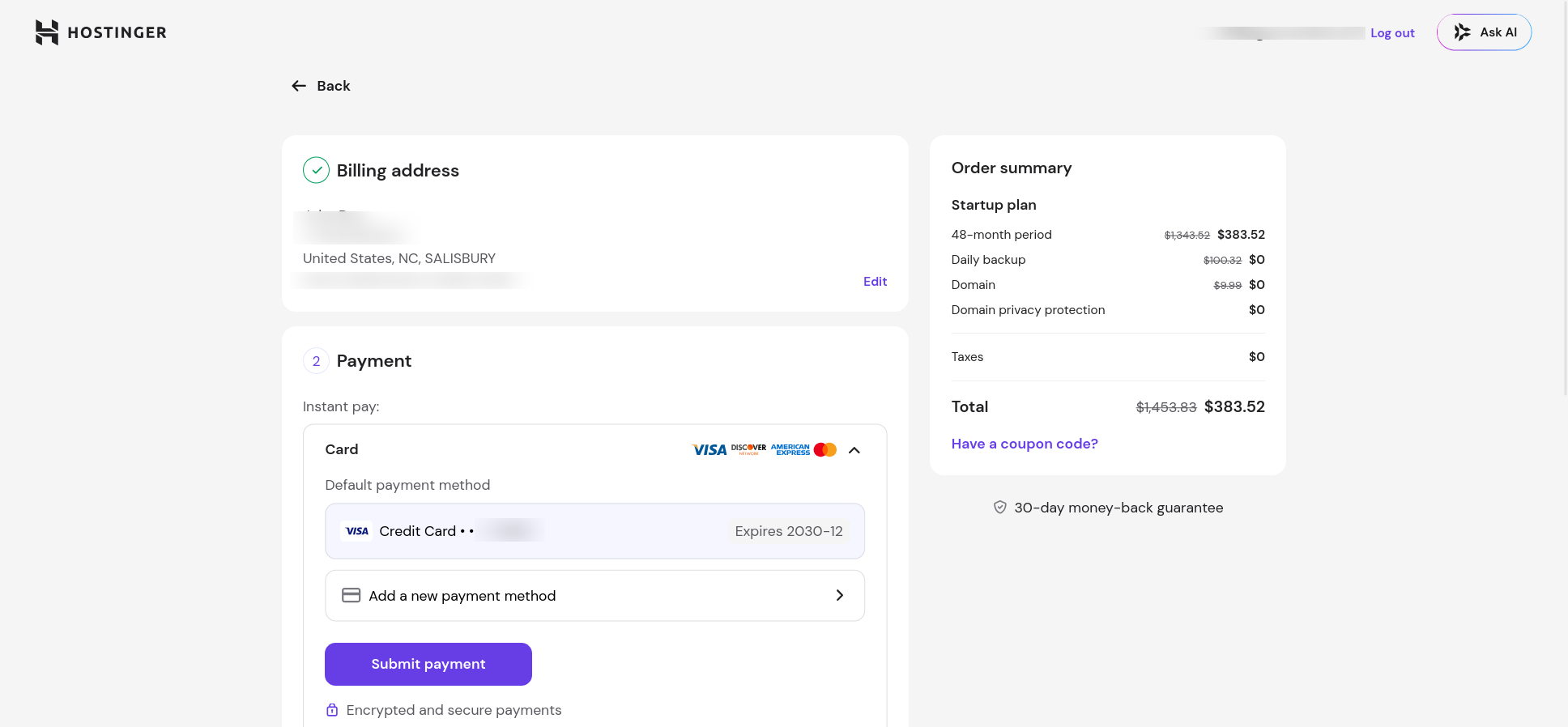 Hostinger billing address and payment options during Express.js hosting signup