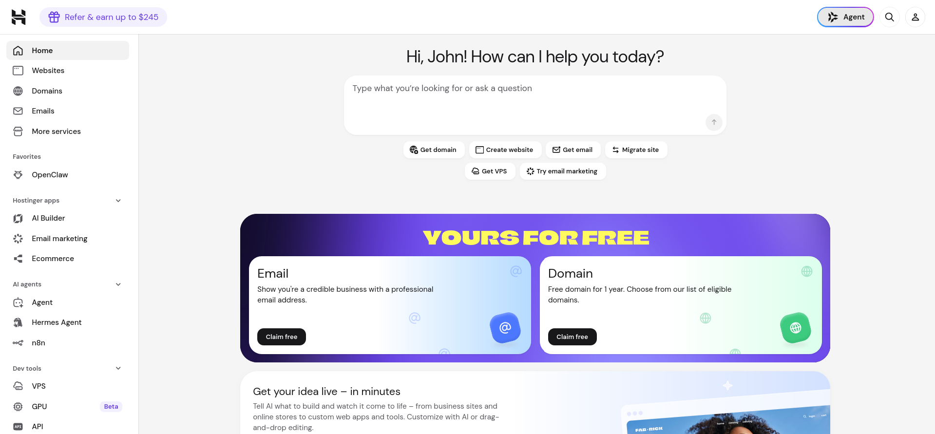 Hostinger hPanel dashboard after Express.js hosting signup