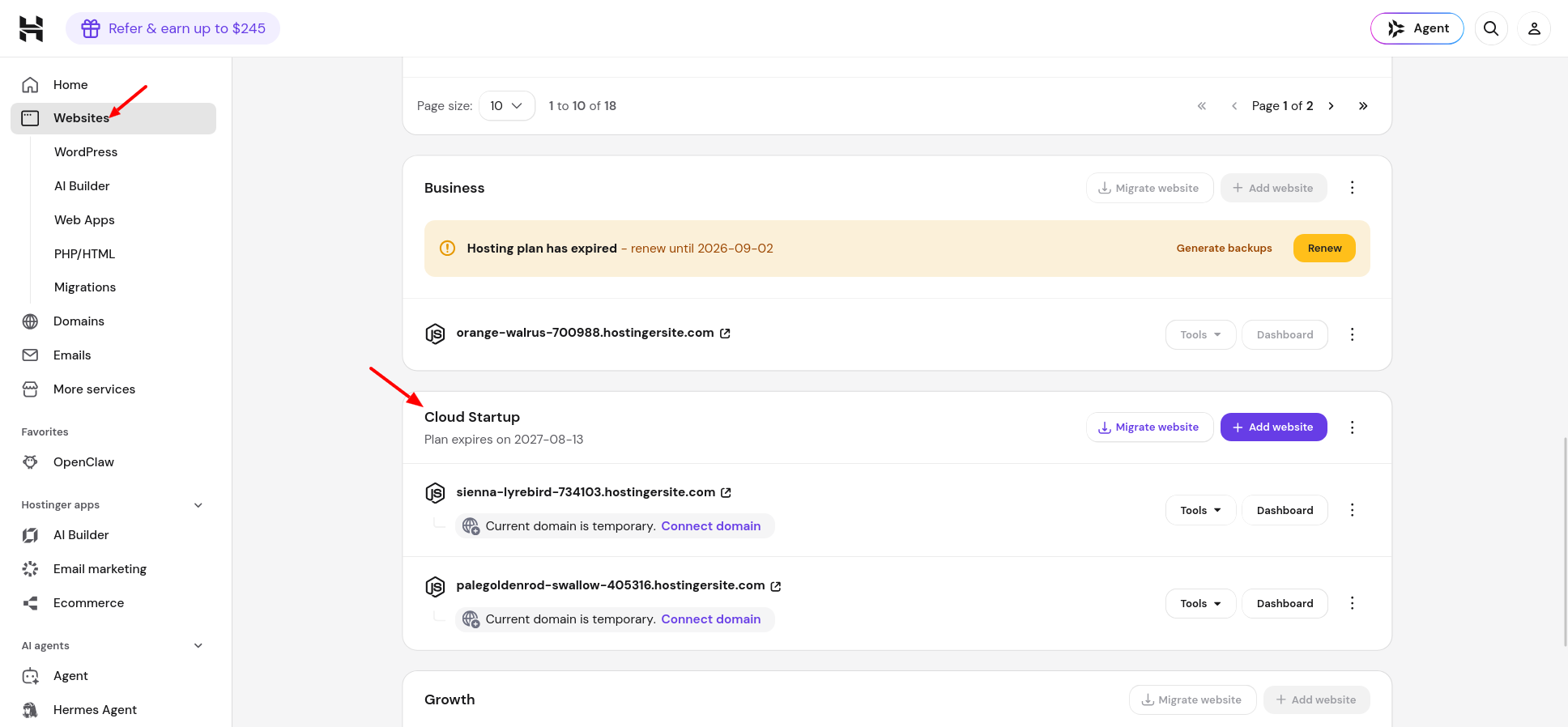 Hostinger Websites section showing Cloud Startup plan and Add website button