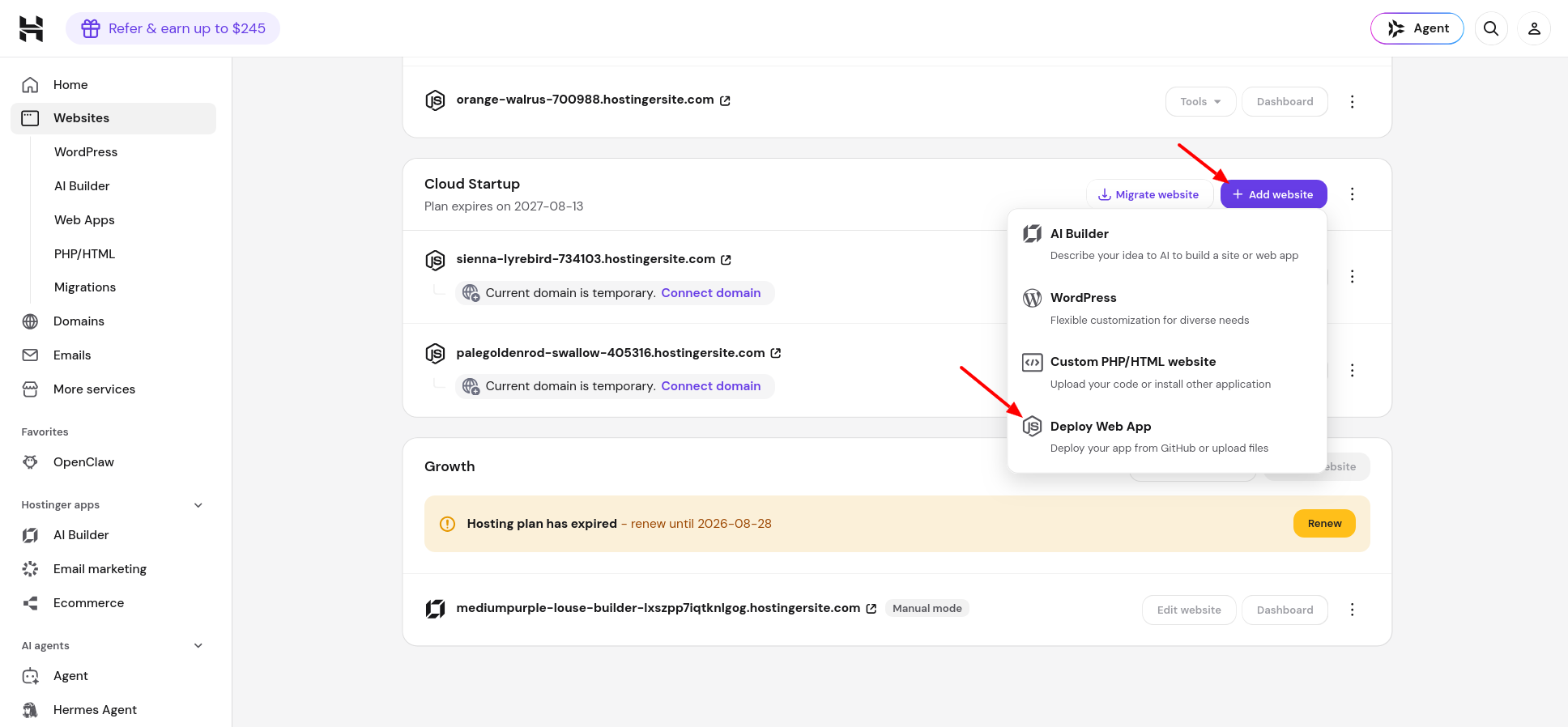 Hostinger website creation menu with Deploy Web App option