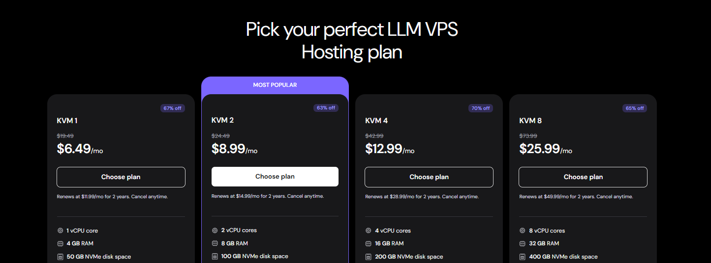 Hostinger KVM LLM VPS hosting plans and pricing