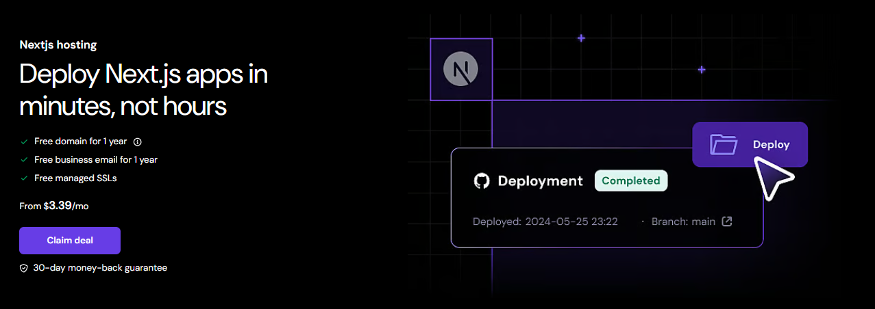 Hostinger Next.js hosting option in the Product menu