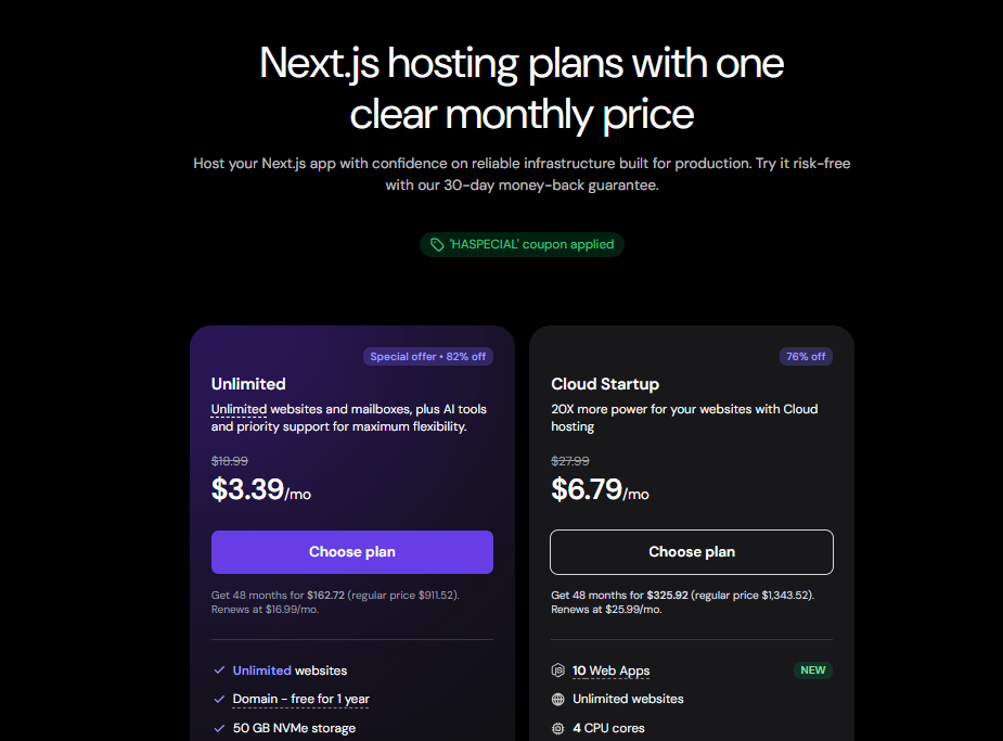 Hostinger Next.js Unlimited and Cloud Startup hosting plans
