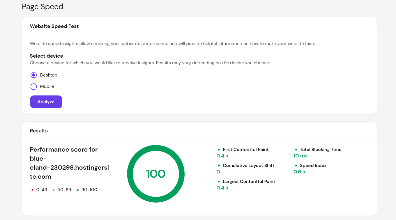 Hostinger built-in speed test desktop results showing a 100 performance score