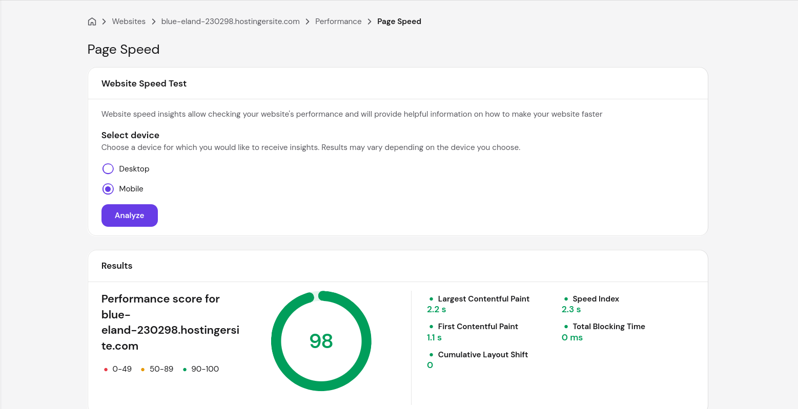 Hostinger built-in speed test mobile results showing a 98 performance score