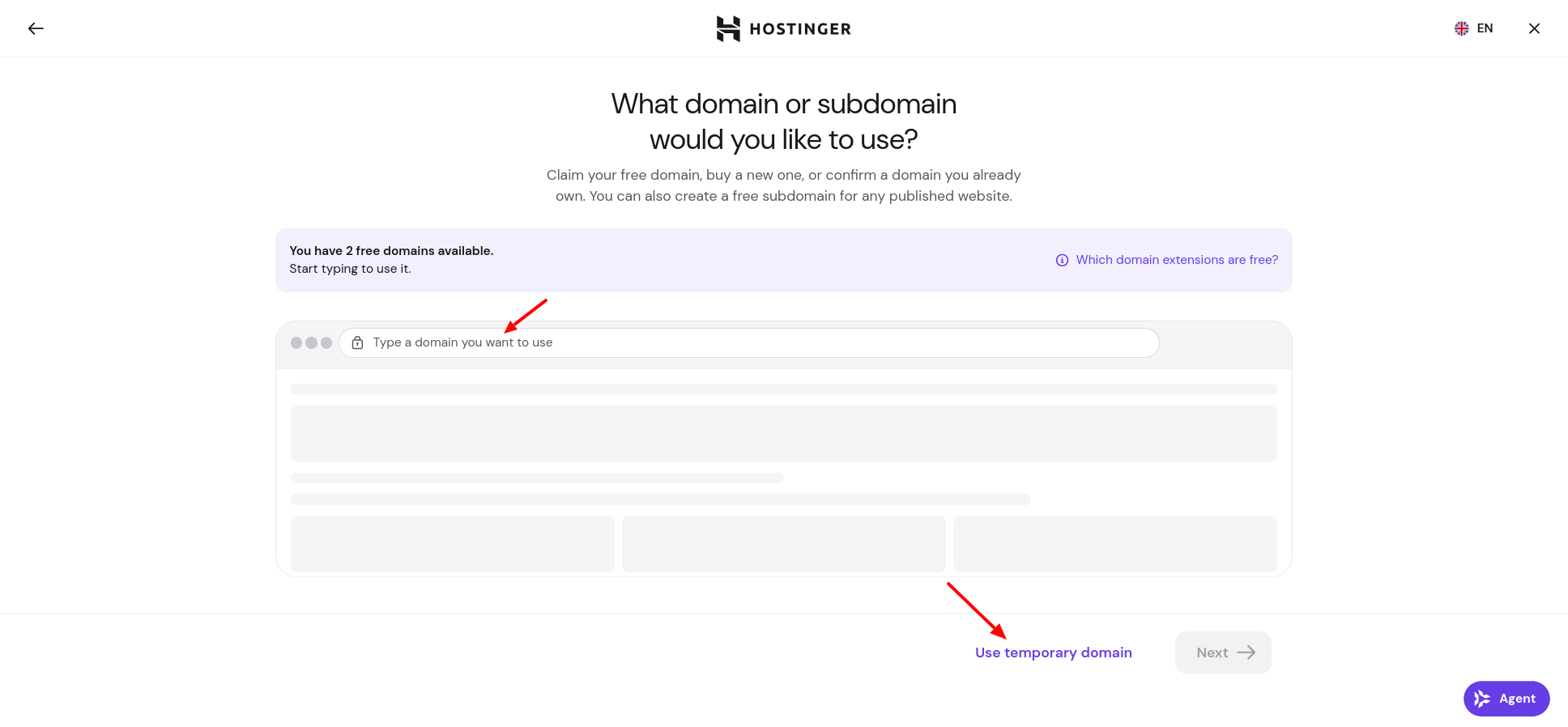 Hostinger temporary domain selection screen for Web App deployment