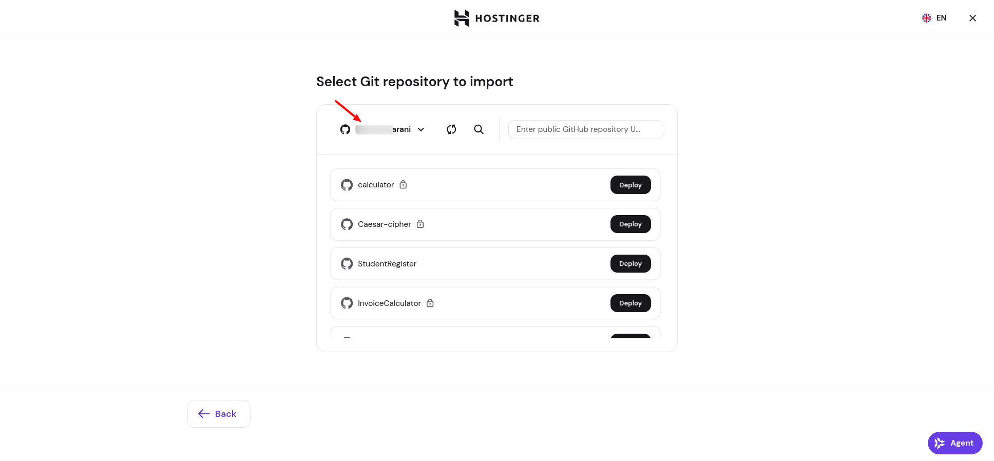 Hostinger connected GitHub repository list for Web App deployment