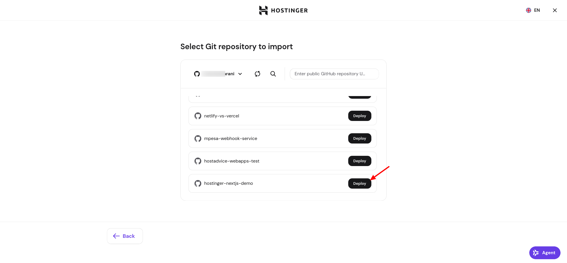 Hostinger GitHub repository selection for the hostinger-nextjs-demo project