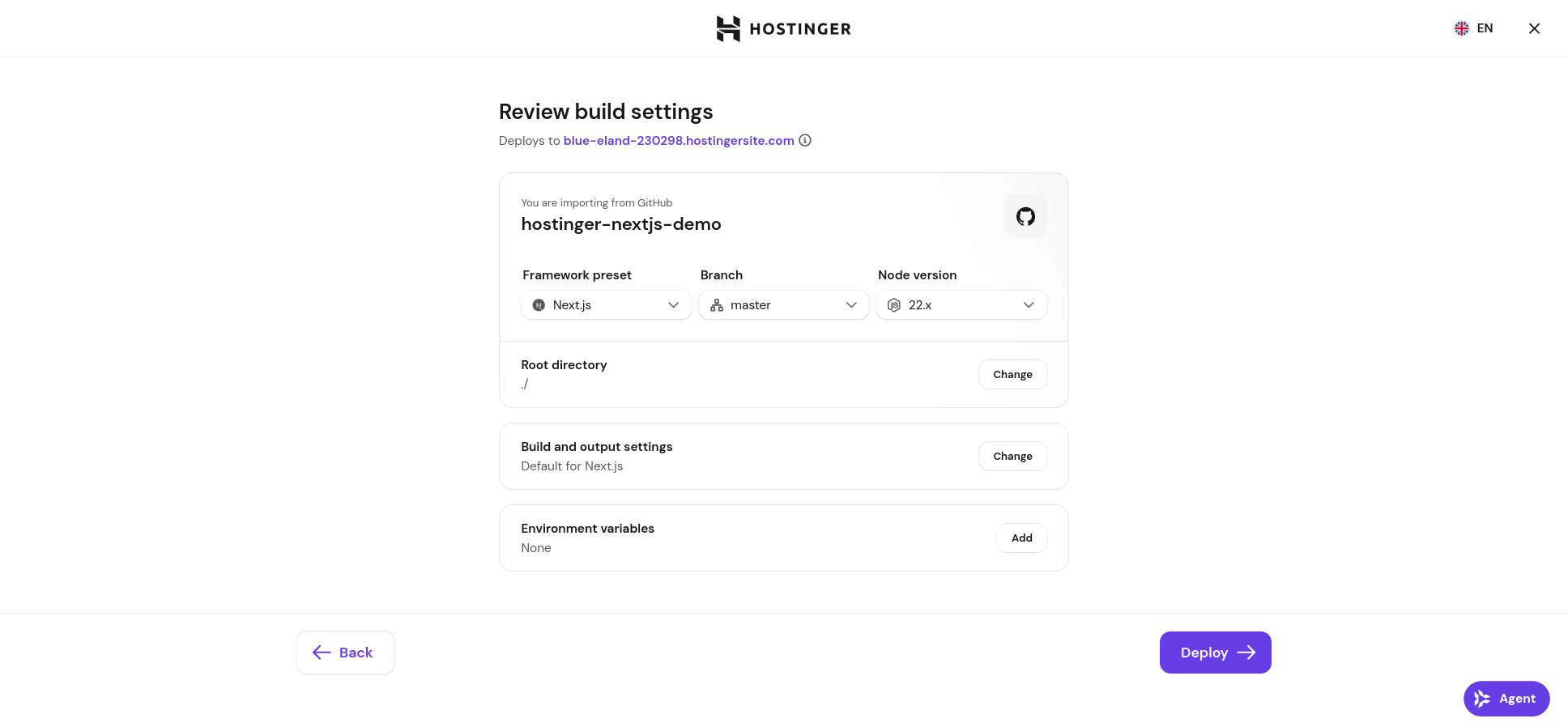 Hostinger Next.js build review showing framework preset, master branch, and Node.js 22.x