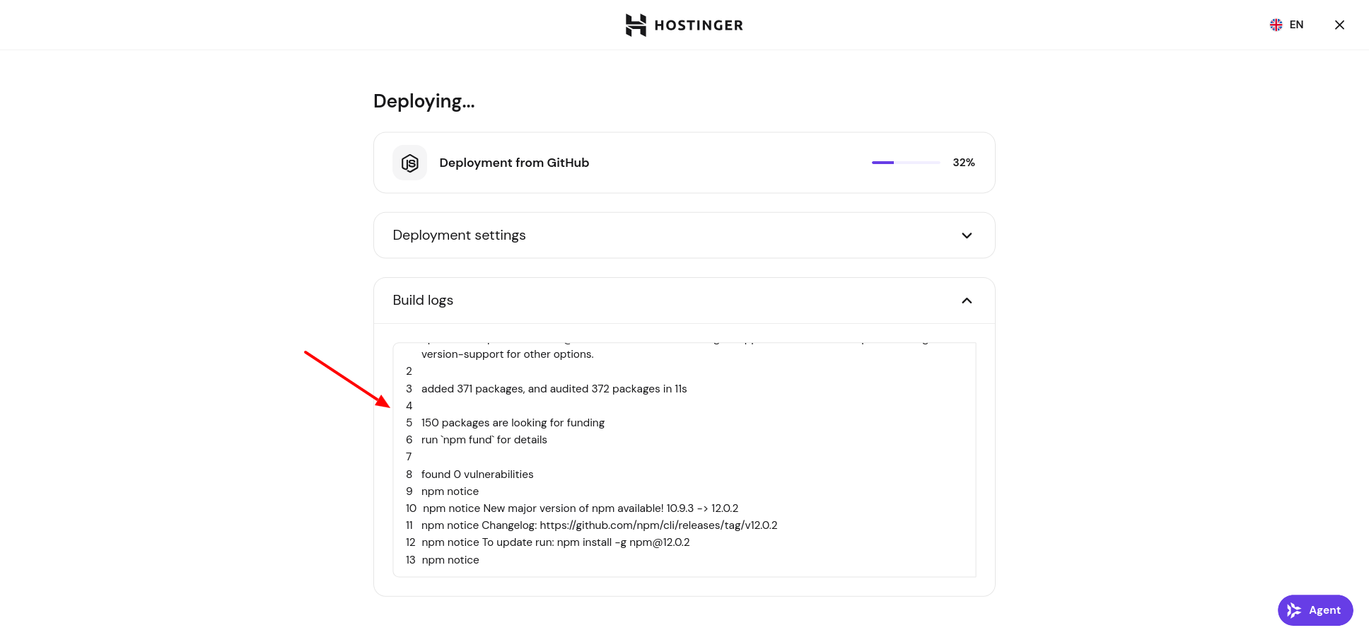 Hostinger live Next.js deployment progress and build logs
