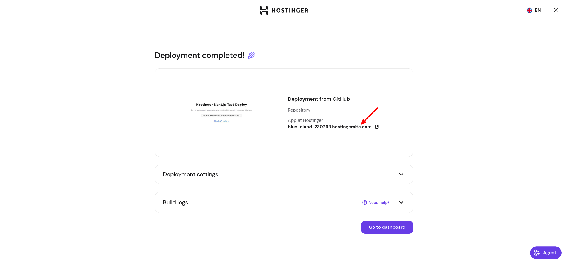 Hostinger completed Next.js deployment screen with live site URL