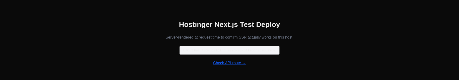 Live Hostinger-hosted Next.js app showing server-side rendering output