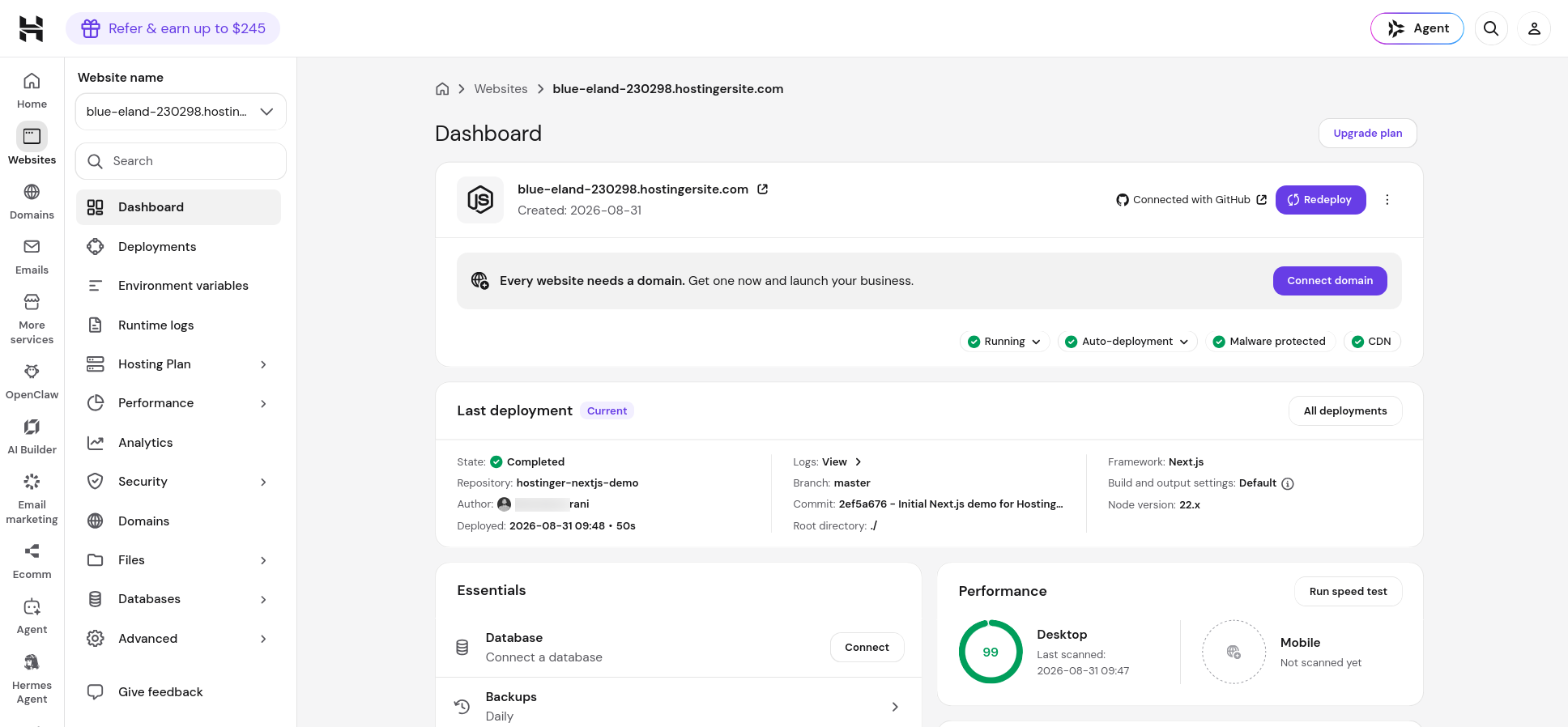 Hostinger Next.js hosting management dashboard with deployment status and controls