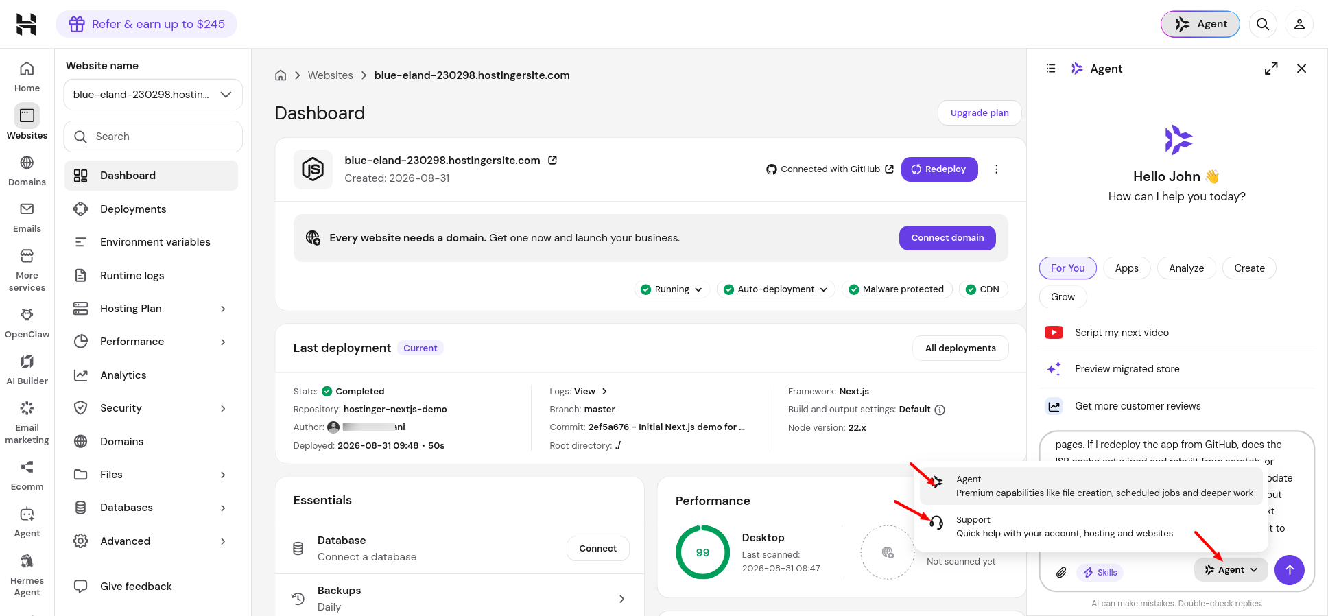 Hostinger Kodee interface showing Agent and Support modes