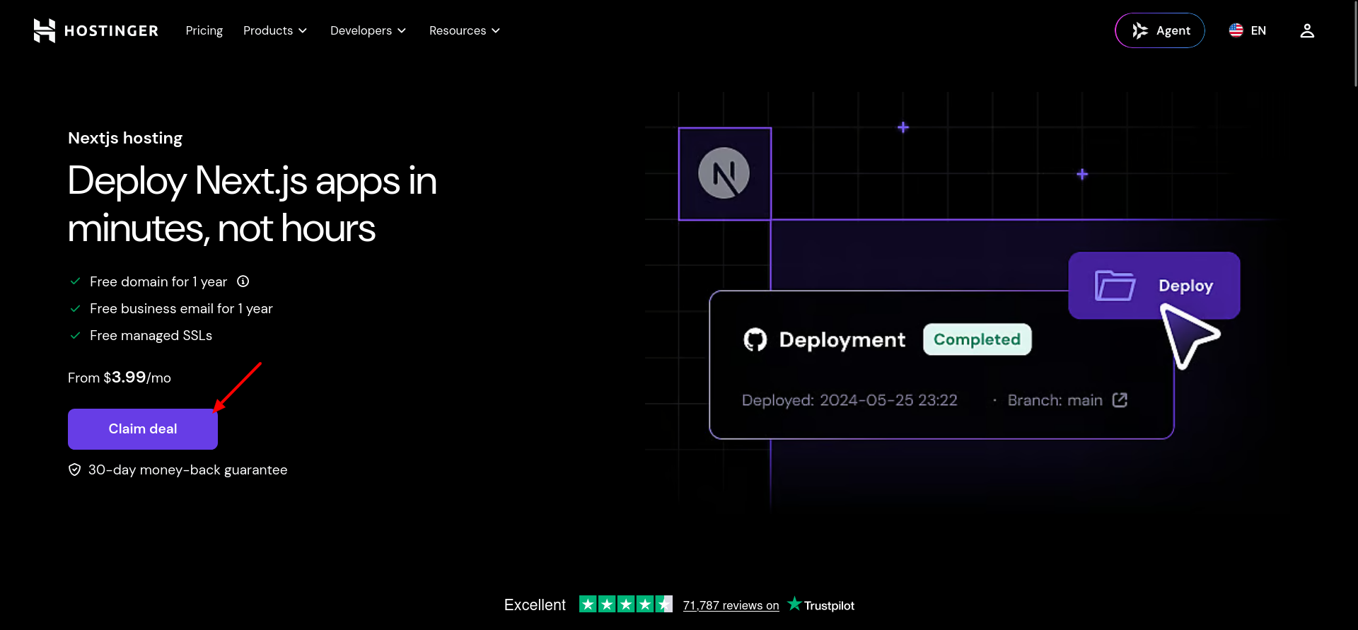 Hostinger Next.js hosting landing page with Business and Cloud Startup plans