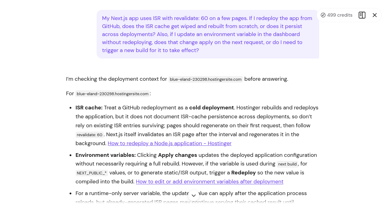Hostinger Kodee response to Next.js ISR cache and environment variable questions