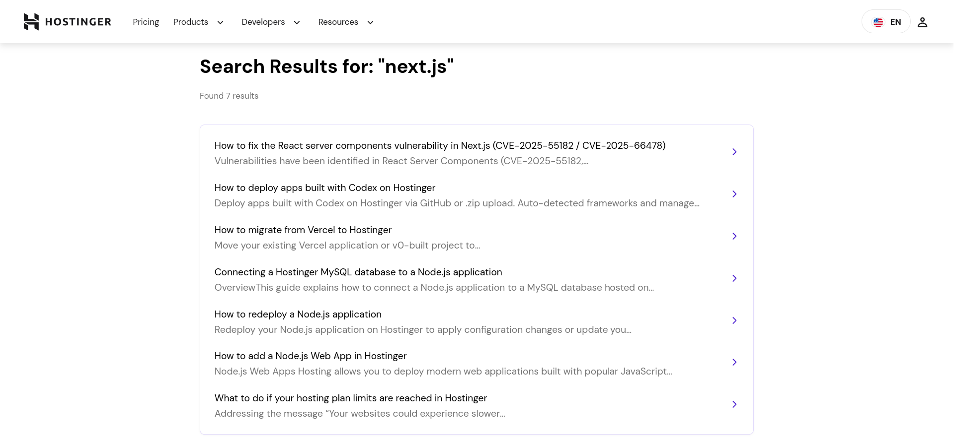 Hostinger knowledge base search results for Next.js